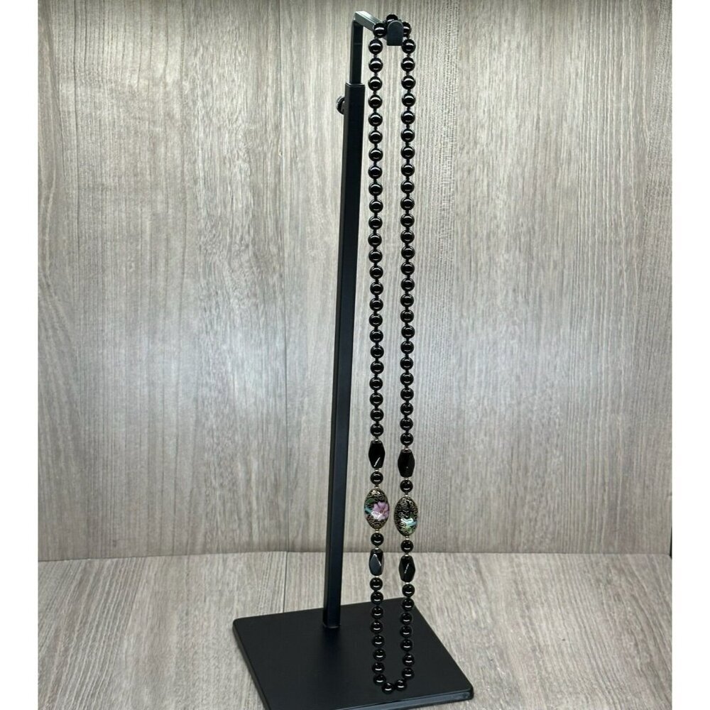 Vintage Black Goldstone Round Beaded Iridescent Crystal Necklace